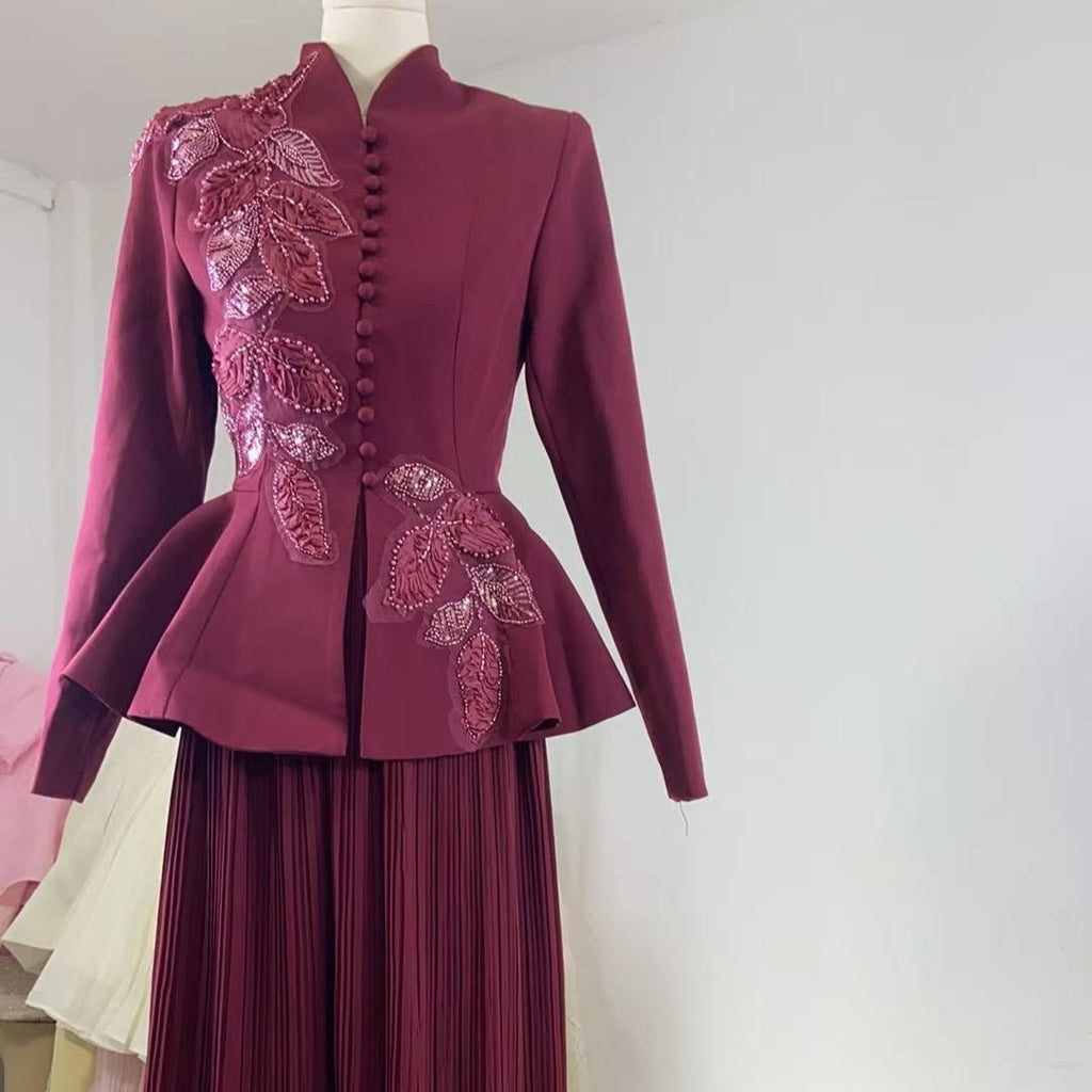 2-Piece Embroidered Peplum Jacket & Micro Pleat Maxi Skirt Set(MS417)