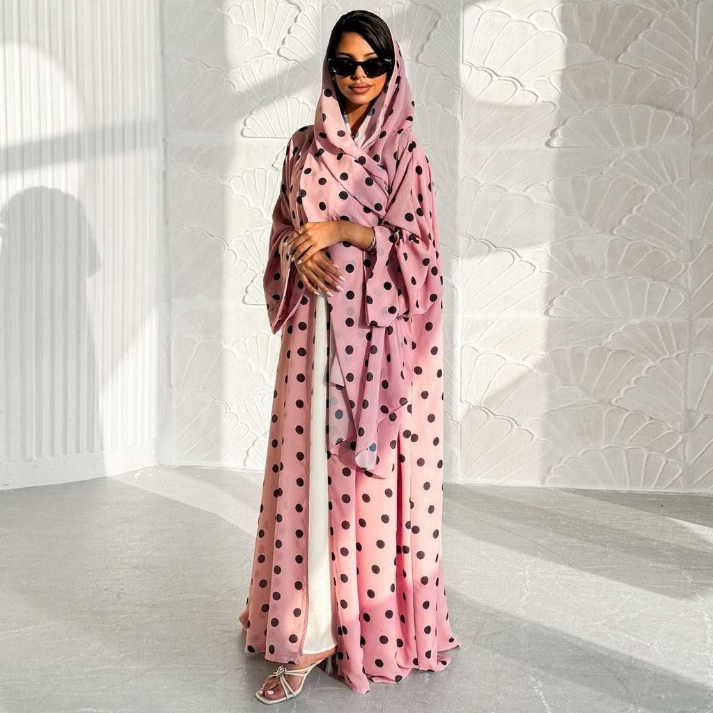 2-Piece Polka Dot Print Open Abaya Set(MOA316)