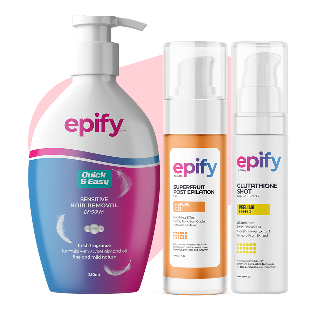 Epify Full Body Care Set, Hair Removal Cream, Superfruit Papaya Gel &amp; Glutathione Shot, 3-Step Body Routine