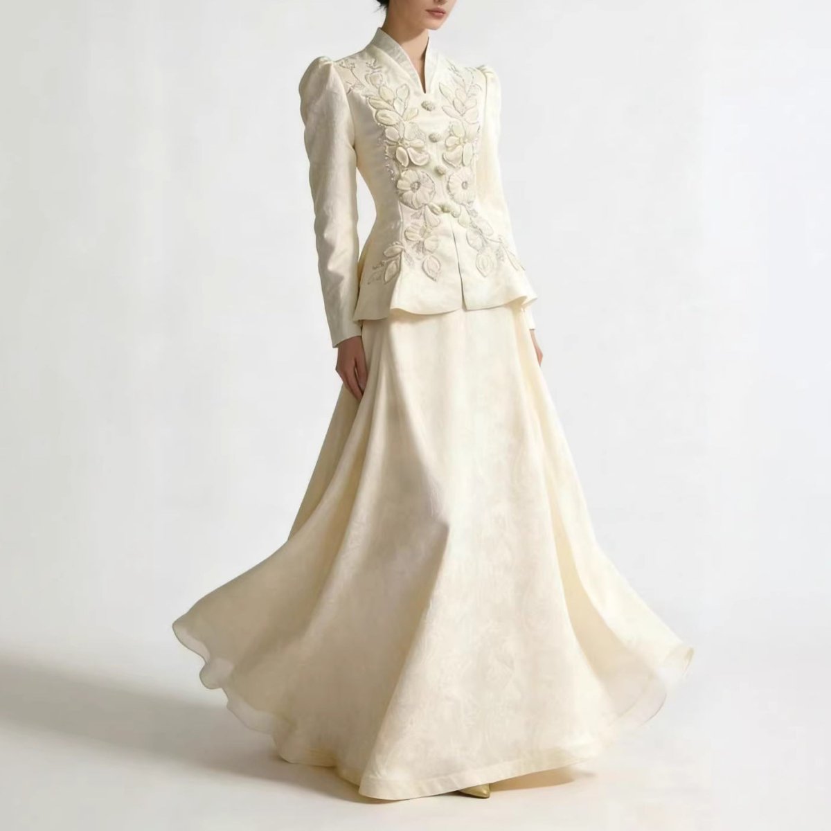 3D Floral Embroidered Peplum Top & Maxi Skirt Set(MS468)