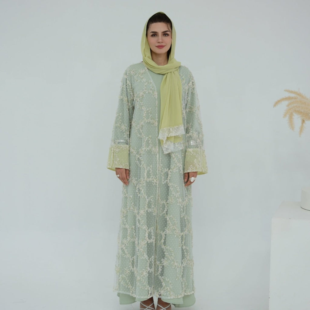 3D Floral Mesh Open Abaya (MOA288)