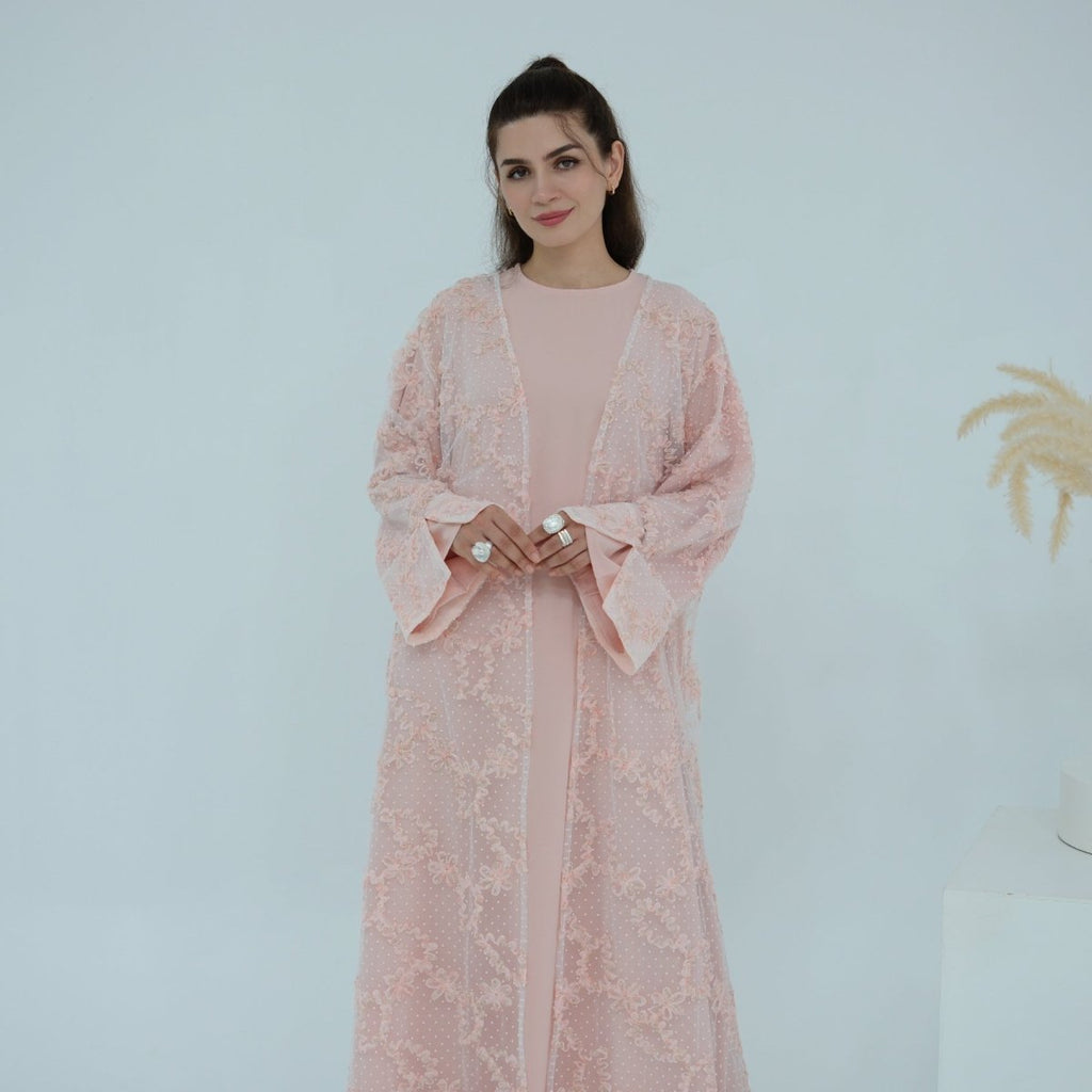 3D Floral Mesh Open Abaya (MOA288)