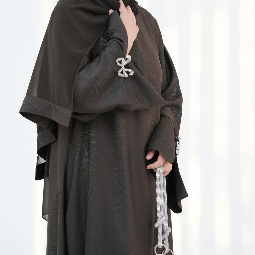 3D Jacquard Bow Abaya & Hijab Set | Butterfly Sleeve Brocade Dress(MA352)