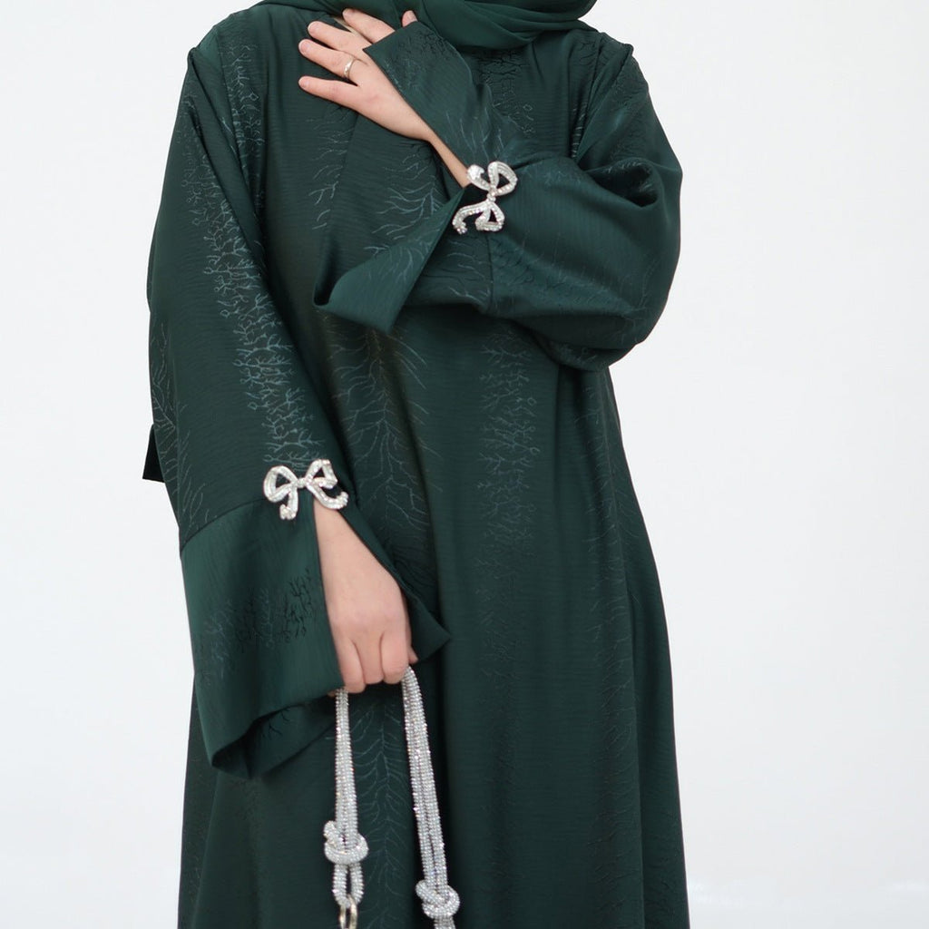 3D Jacquard Bow Abaya & Hijab Set | Butterfly Sleeve Brocade Dress(MA352)