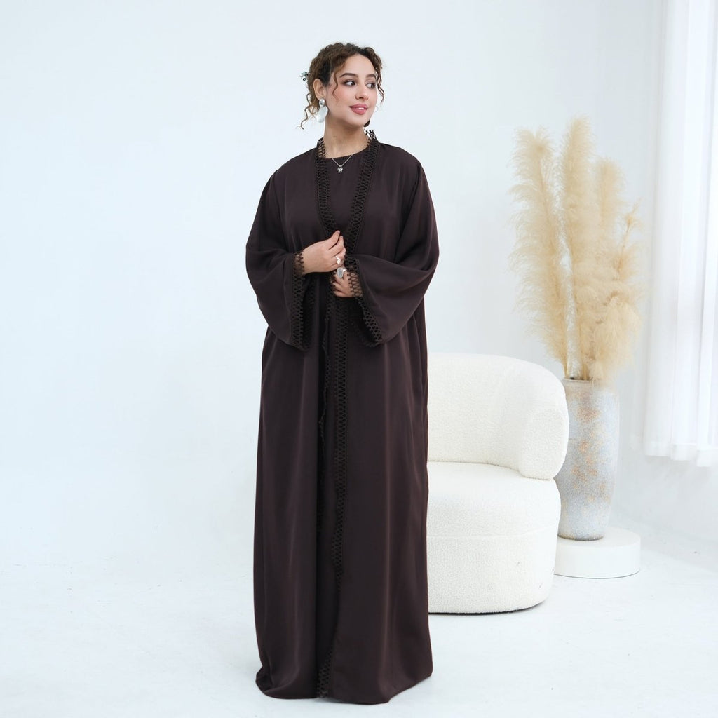 3D Lace Trim Open Abaya & Sleeveless Dress Set(MOA323)