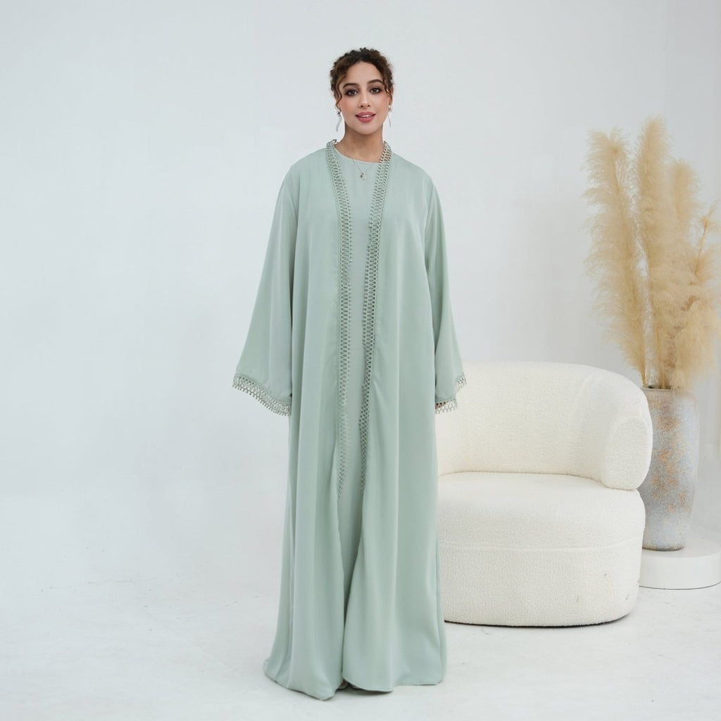 3D Lace Trim Open Abaya & Sleeveless Dress Set(MOA323)