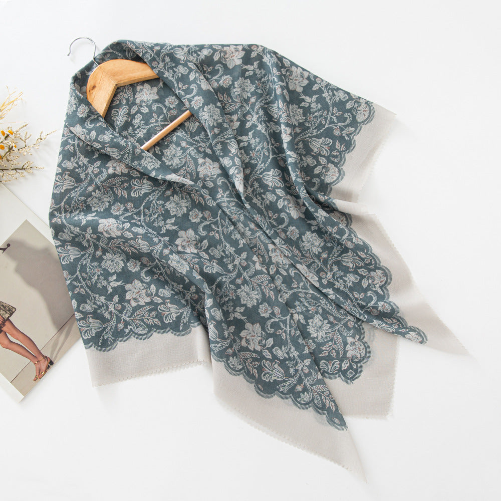 MH072 Square Floral Print Wavy Cut-off Voile Hijab