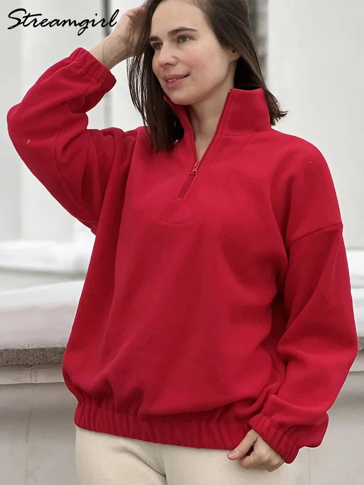 Women Velvet Sweatshirts With Half Zipper Long Sleeve Pink Warm Pullover Female Loose Yellow Sweatshirts For Women Zip Blue Tops