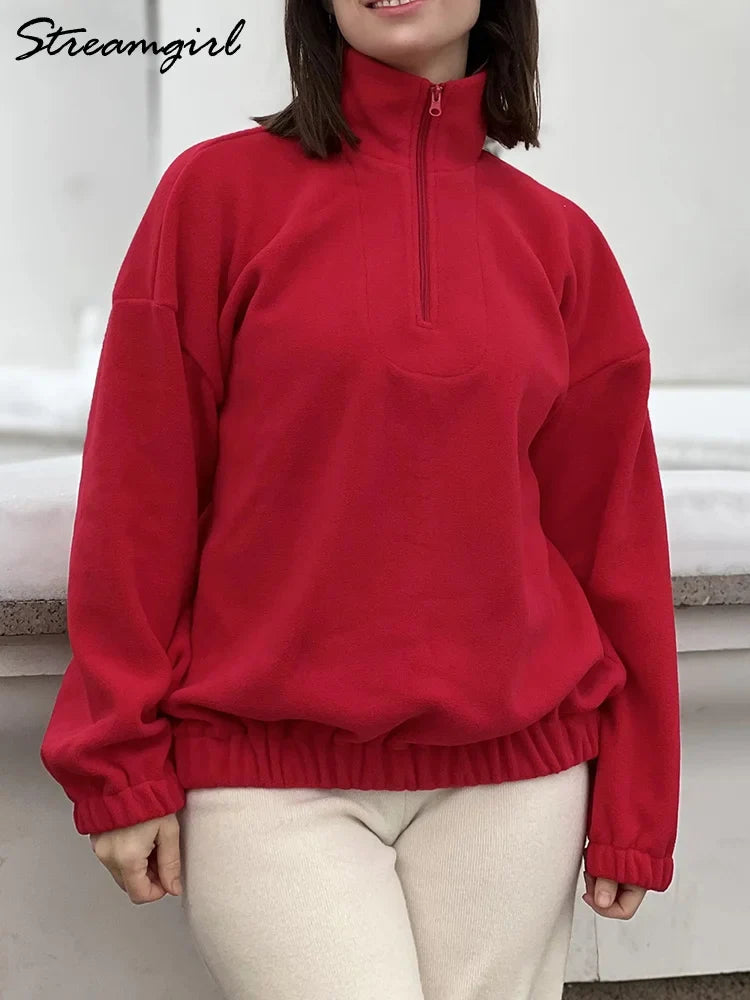 Women Velvet Sweatshirts With Half Zipper Long Sleeve Pink Warm Pullover Female Loose Yellow Sweatshirts For Women Zip Blue Tops