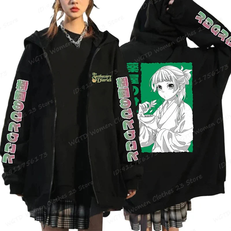 Funny The Apothecary Diaries Print Hoodies Men Women Casual Harajuku Zipper Hooded Pullovers Coat Anime Streetwear Sweatshirt