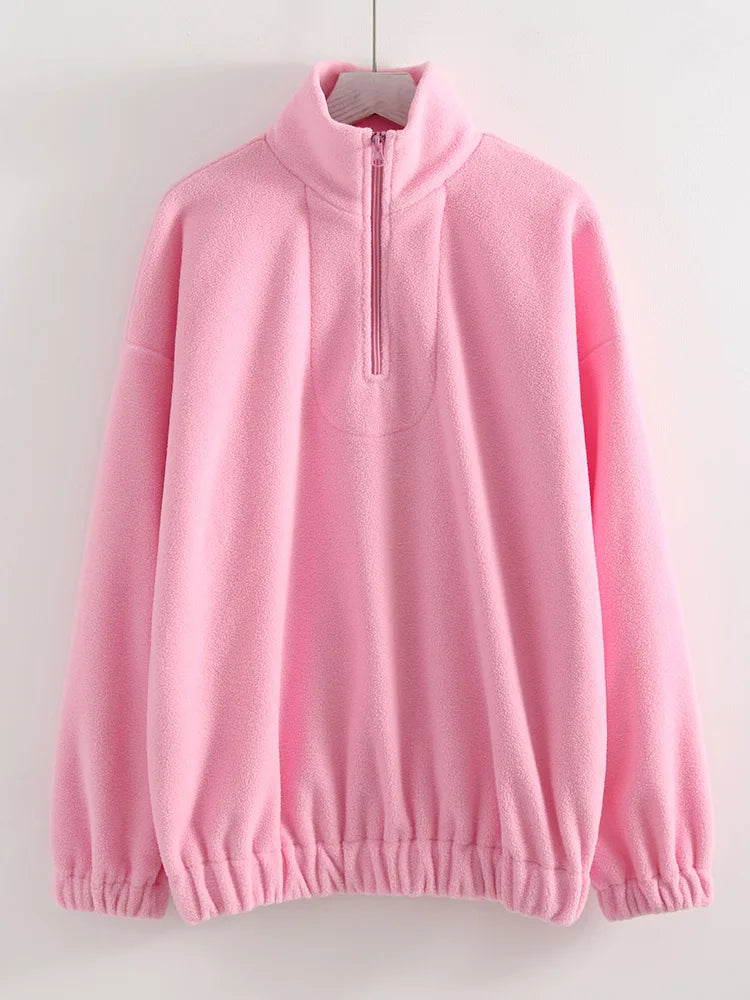 Women Velvet Sweatshirts With Half Zipper Long Sleeve Pink Warm Pullover Female Loose Yellow Sweatshirts For Women Zip Blue Tops