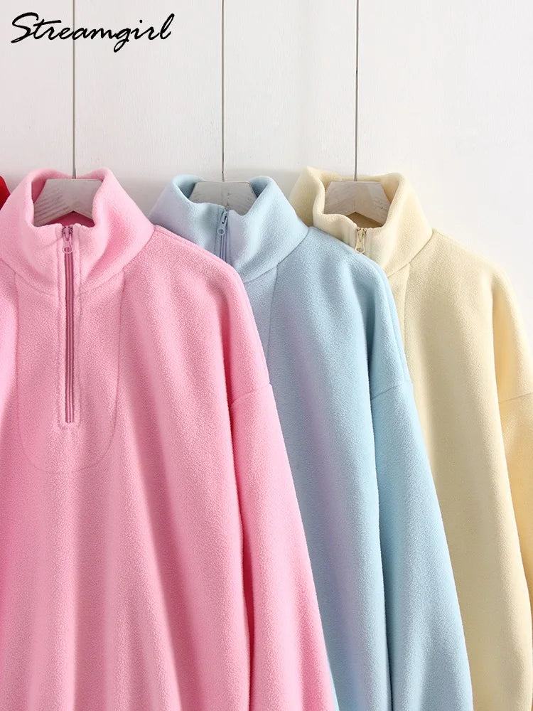 Women Velvet Sweatshirts With Half Zipper Long Sleeve Pink Warm Pullover Female Loose Yellow Sweatshirts For Women Zip Blue Tops