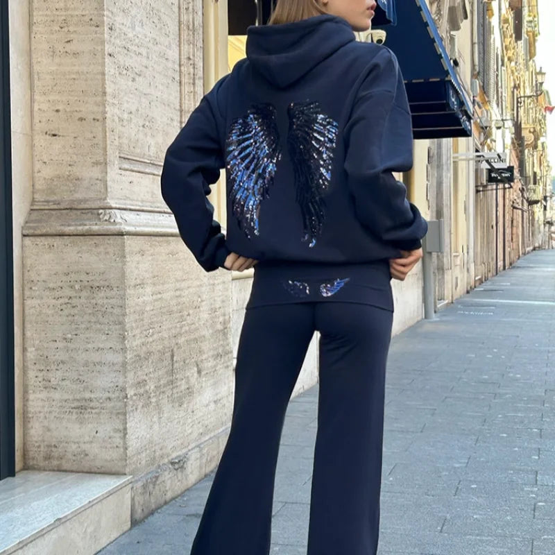 Women Free Wing Hooded Sweatshirt Pure Color Top Long Pants Clothing Suit Female 2026 New Unique Fashion Street Casual Clothes