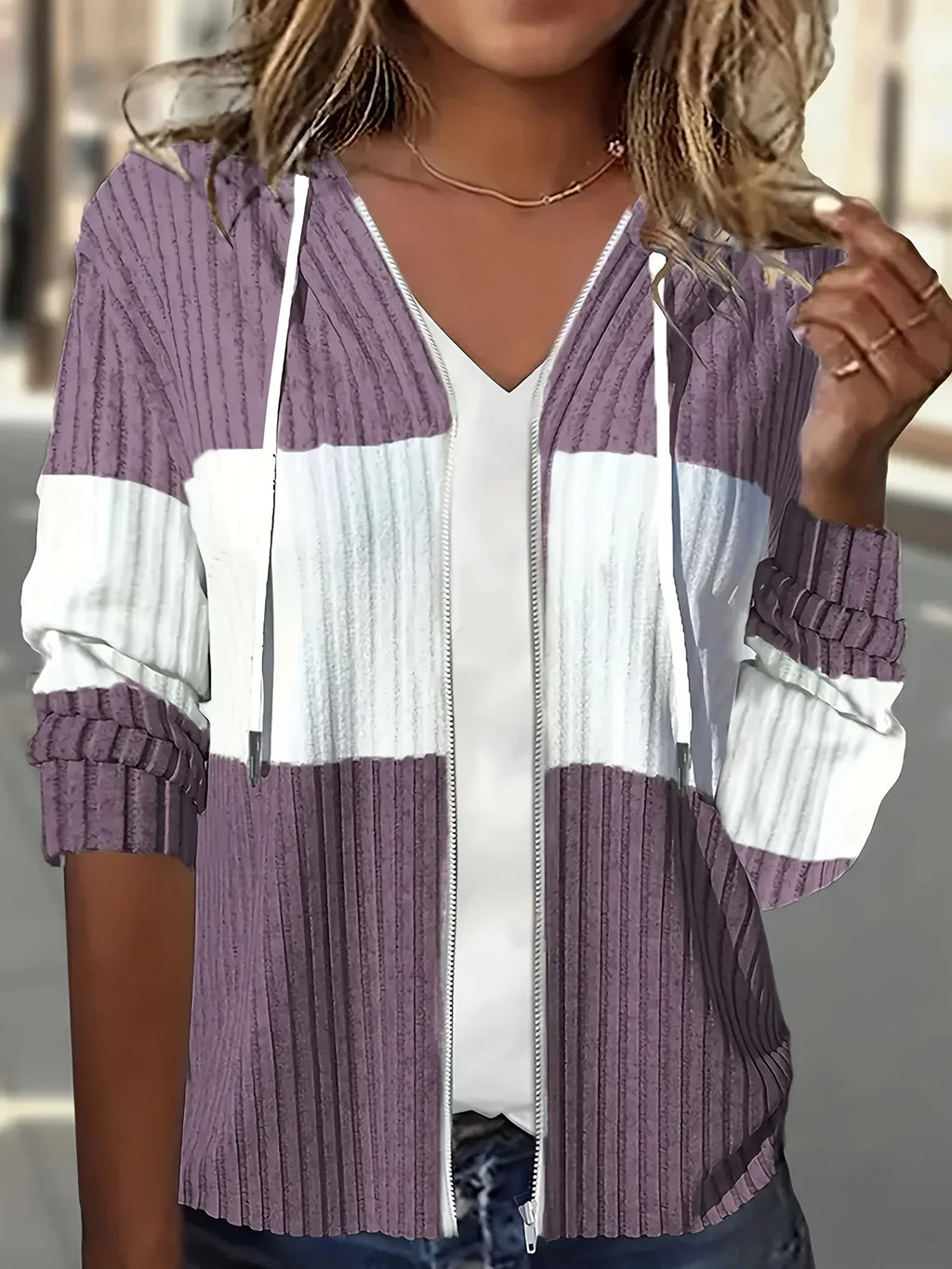 Women's Casual Color Block Hoodie Drawstring Zipper Jacket Streetwear Style with Pockets