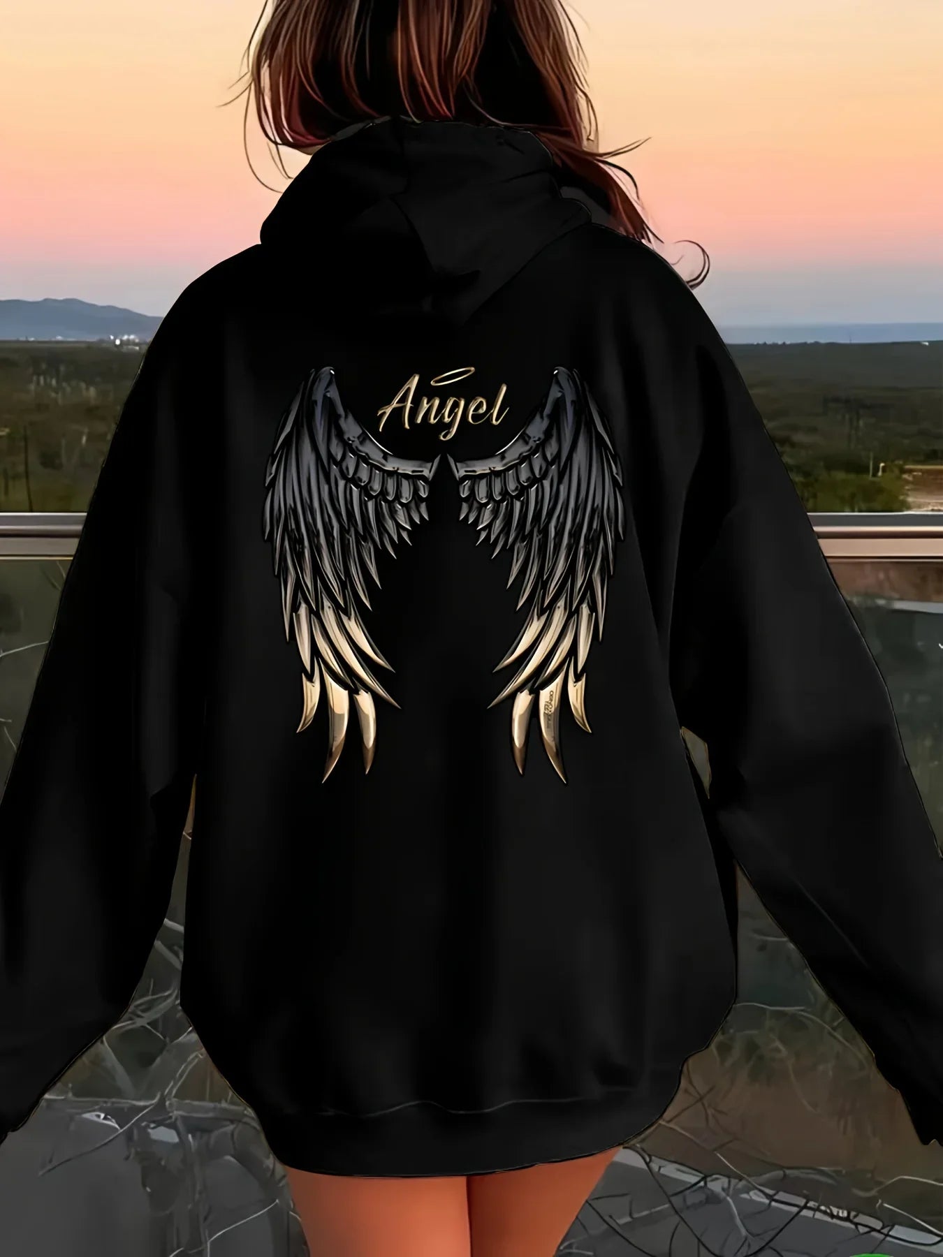 Women's Casual Hoodie with Angel Wings Graphic Drawstring Detail Kangaroo Pocket Perfect for Fall  Winter Playful Design Trendy