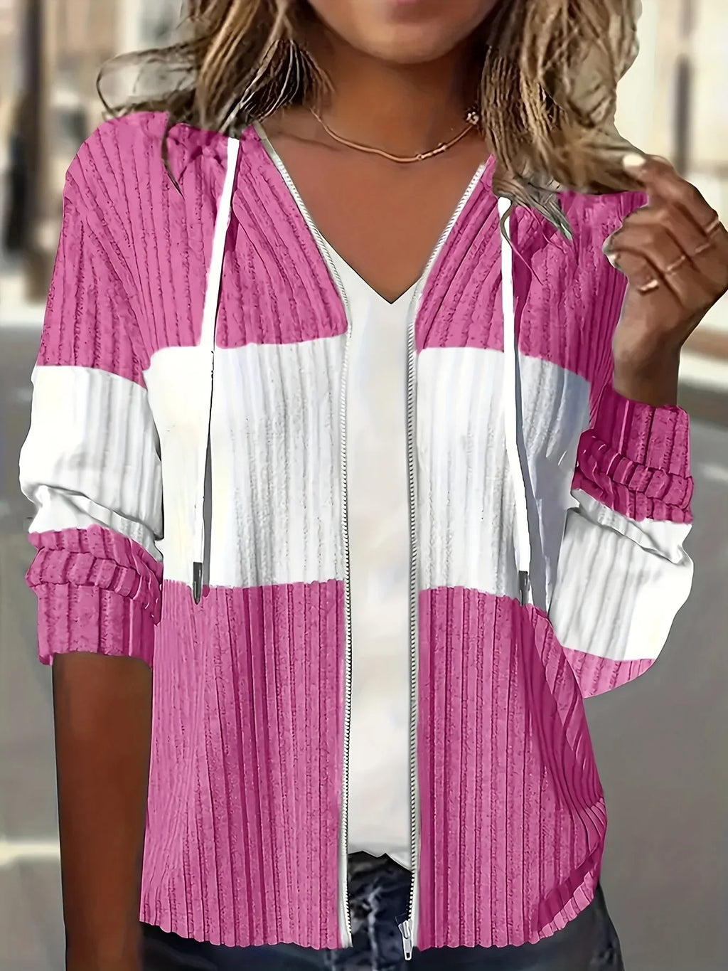 Women's Casual Color Block Hoodie Drawstring Zipper Jacket Streetwear Style with Pockets