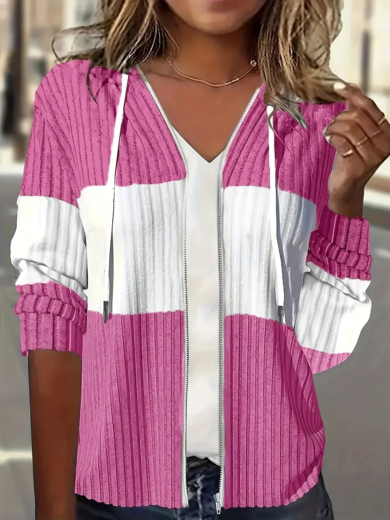 Women's Casual Color Block Hoodie Drawstring Zipper Jacket Streetwear Style with Pockets