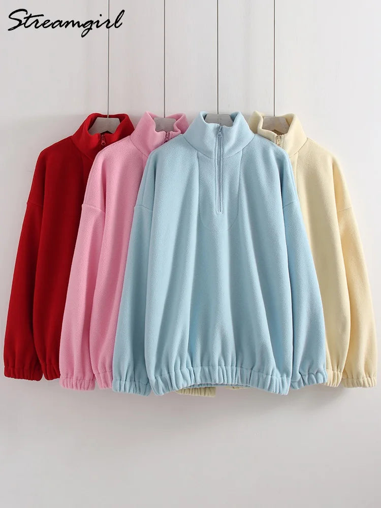 Women Velvet Sweatshirts With Half Zipper Long Sleeve Pink Warm Pullover Female Loose Yellow Sweatshirts For Women Zip Blue Tops