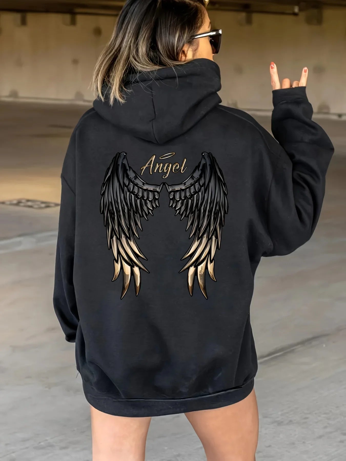 Women's Casual Hoodie with Angel Wings Graphic Drawstring Detail Kangaroo Pocket Perfect for Fall  Winter Playful Design Trendy