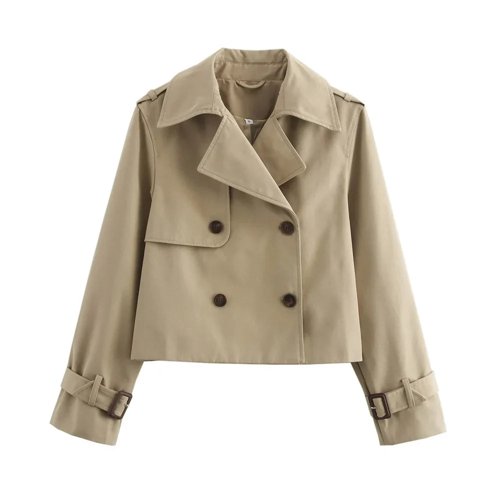 Ladies Vintage Cropped Trench Spring Autumn Jacket Women Streetwear Double Breasted Long Sleeve Top Female Chic Coat Outfits