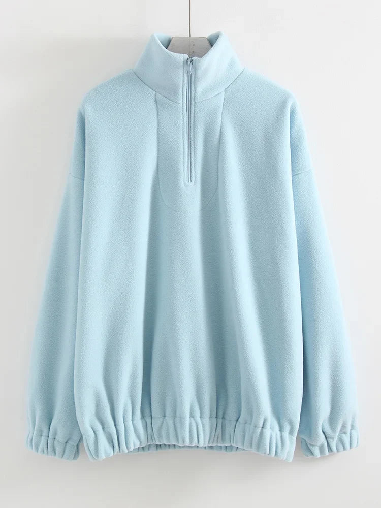 Women Velvet Sweatshirts With Half Zipper Long Sleeve Pink Warm Pullover Female Loose Yellow Sweatshirts For Women Zip Blue Tops