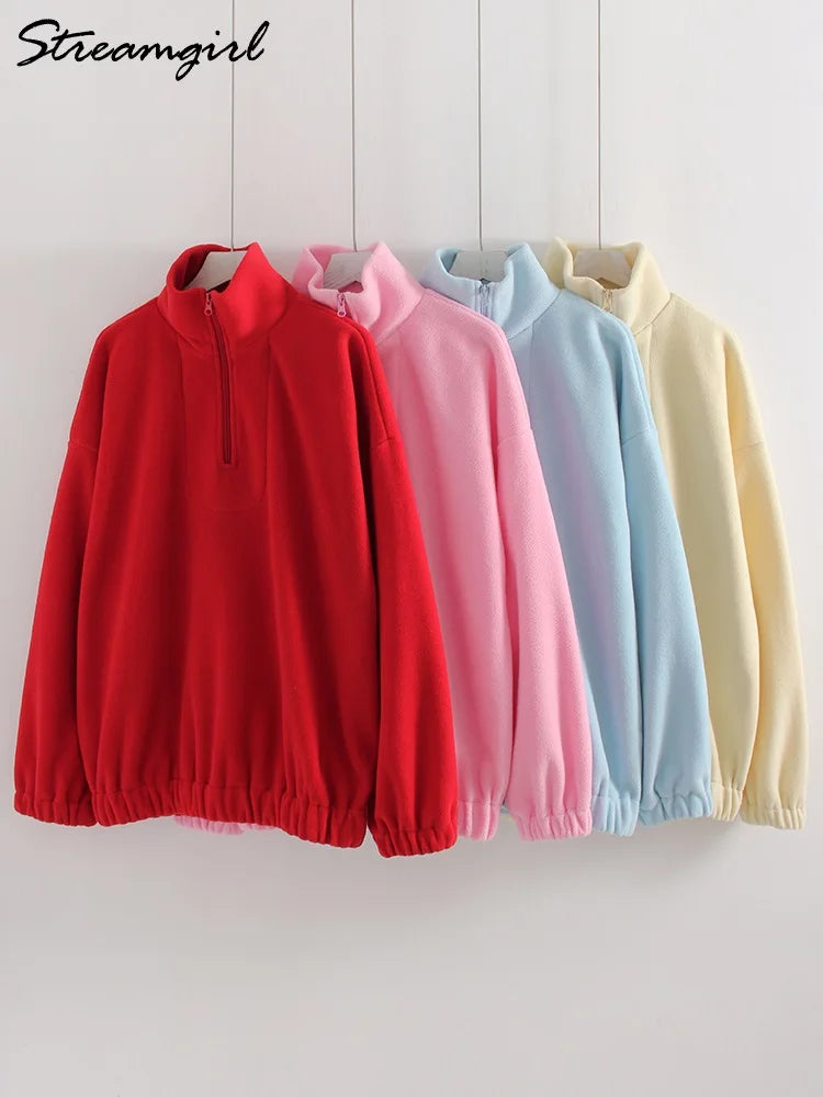 Women Velvet Sweatshirts With Half Zipper Long Sleeve Pink Warm Pullover Female Loose Yellow Sweatshirts For Women Zip Blue Tops