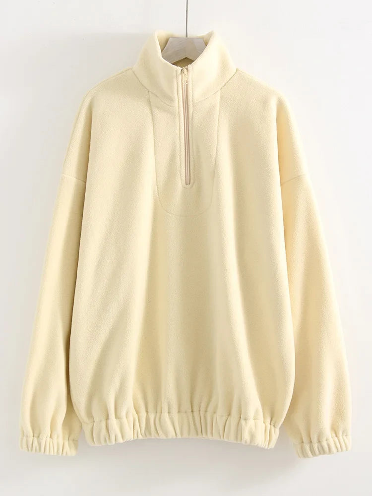 Women Velvet Sweatshirts With Half Zipper Long Sleeve Pink Warm Pullover Female Loose Yellow Sweatshirts For Women Zip Blue Tops