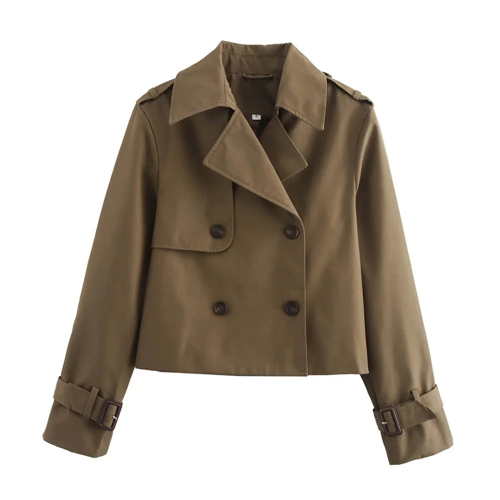 Ladies Vintage Cropped Trench Spring Autumn Jacket Women Streetwear Double Breasted Long Sleeve Top Female Chic Coat Outfits