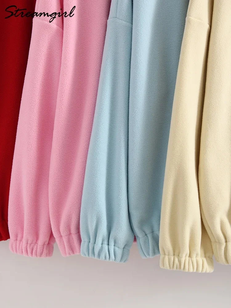 Women Velvet Sweatshirts With Half Zipper Long Sleeve Pink Warm Pullover Female Loose Yellow Sweatshirts For Women Zip Blue Tops