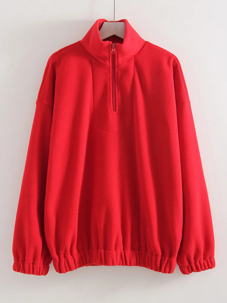 Women Velvet Sweatshirts With Half Zipper Long Sleeve Pink Warm Pullover Female Loose Yellow Sweatshirts For Women Zip Blue Tops
