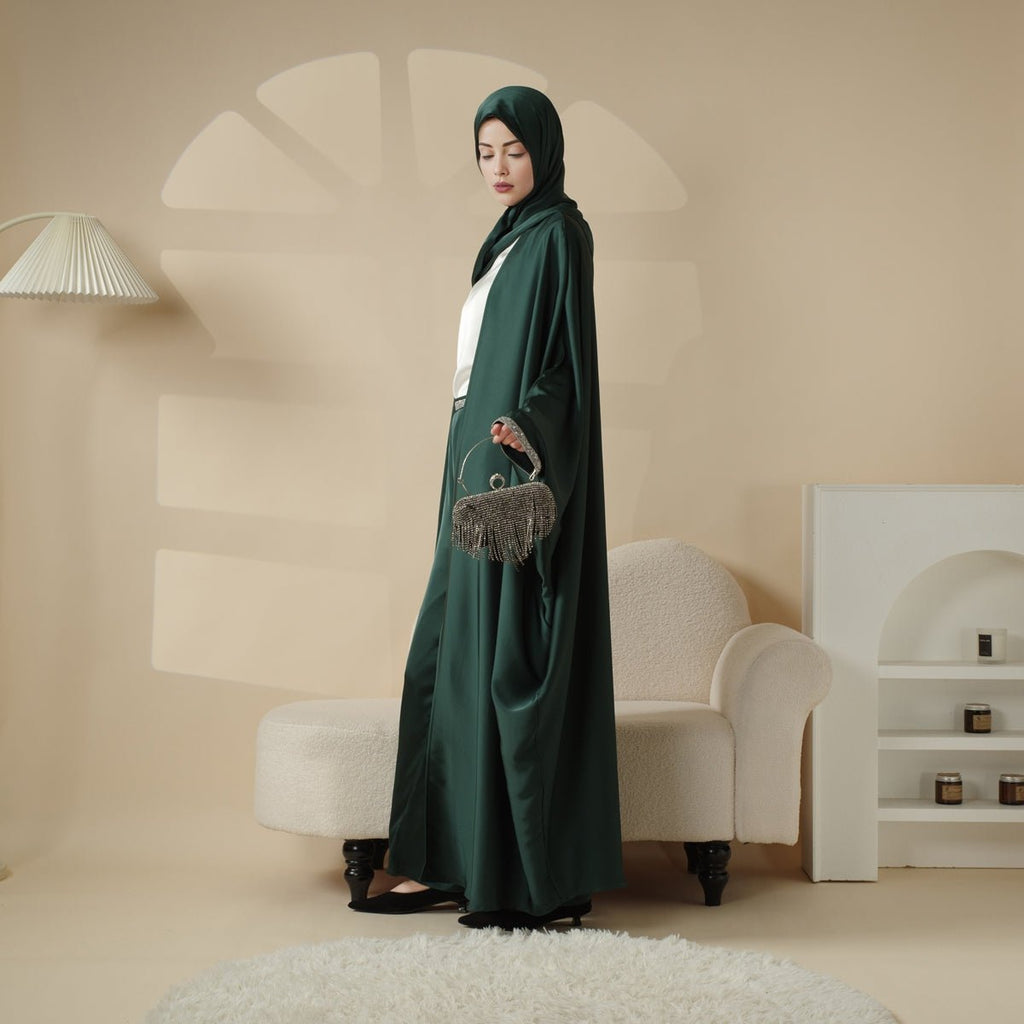 Abaya With Satin Shirt And Rhinestone Trousers | 4-Piece Set Abaya (MOA060)