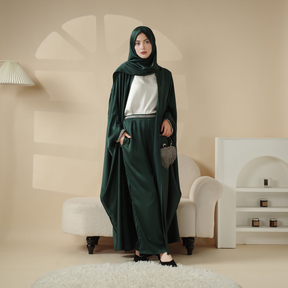 Archive Piece Abaya With Satin Shirt And Rhinestone Trousers - MP002 (Size M Only)