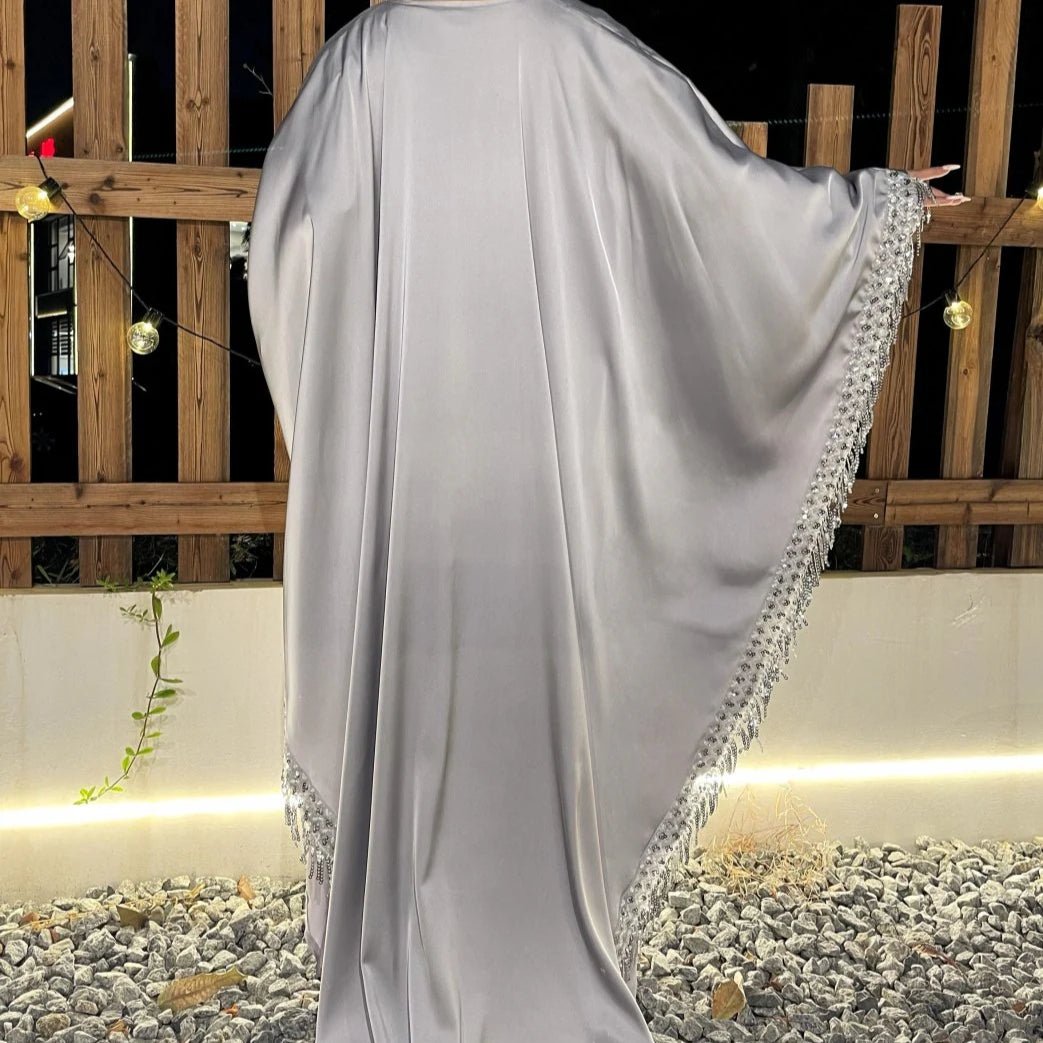 Archive Piece Lace Trimmed Fringed Butterfly Satin Open Abaya 2-Piece Set - MP041 (Size S Only)