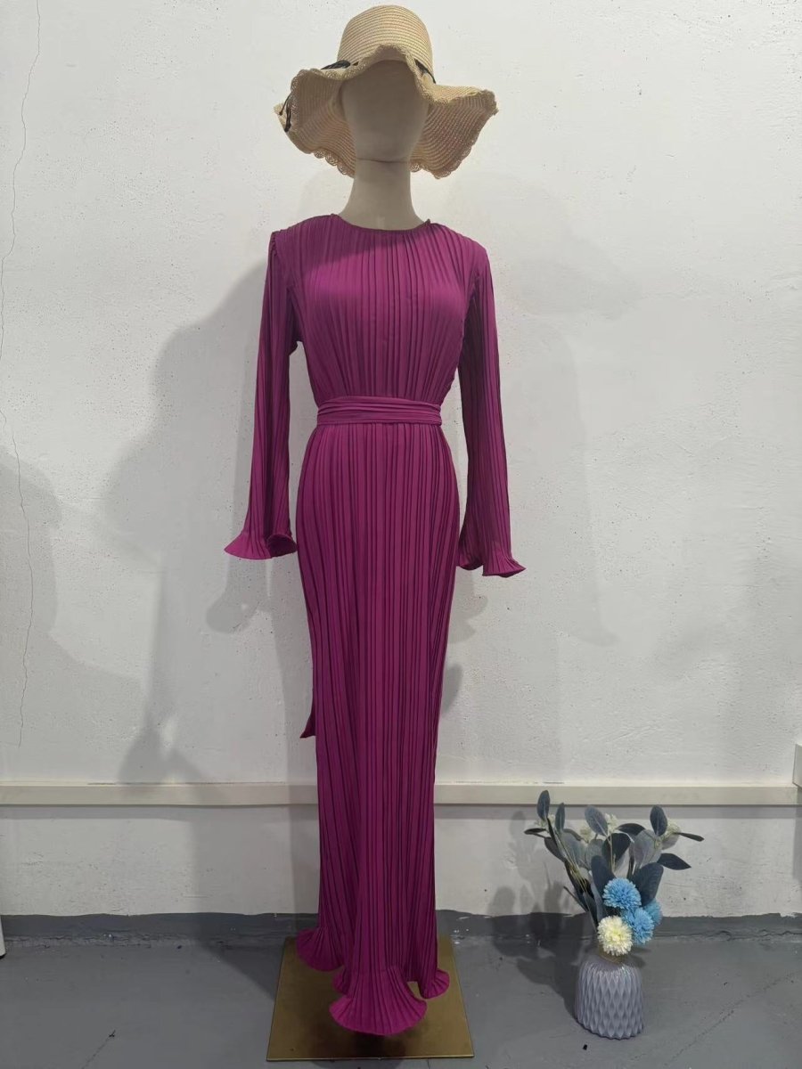 Autumn New Pleated Flared Sleeve Wedding Guest  Dress Abaya with Belt(MA193)