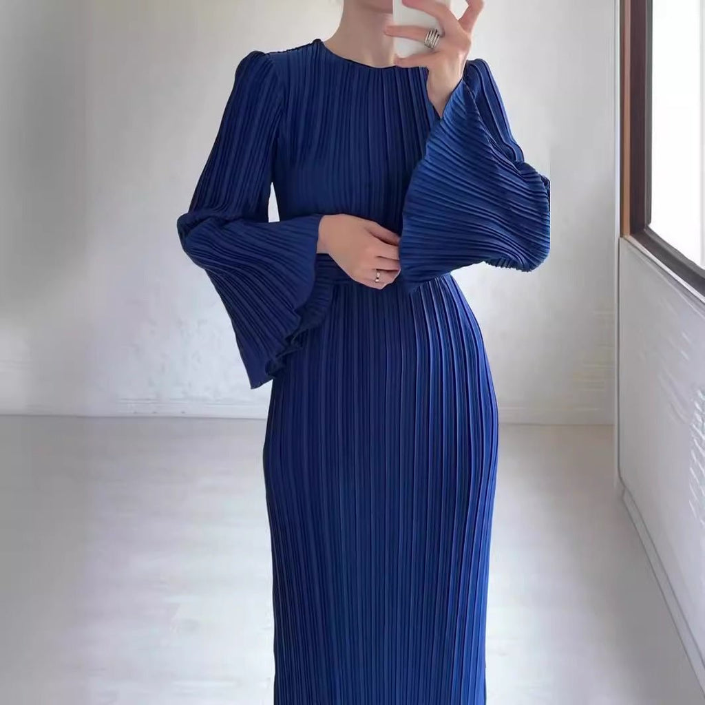 Autumn New Pleated Flared Sleeve Wedding Guest  Dress Abaya with Belt(MA193)
