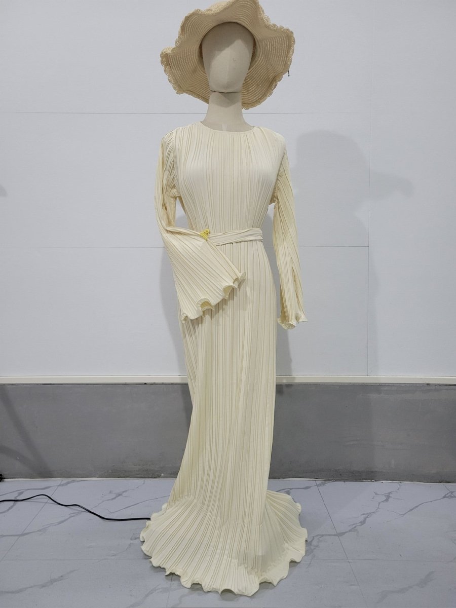 Autumn New Pleated Flared Sleeve Wedding Guest  Dress Abaya with Belt(MA193)