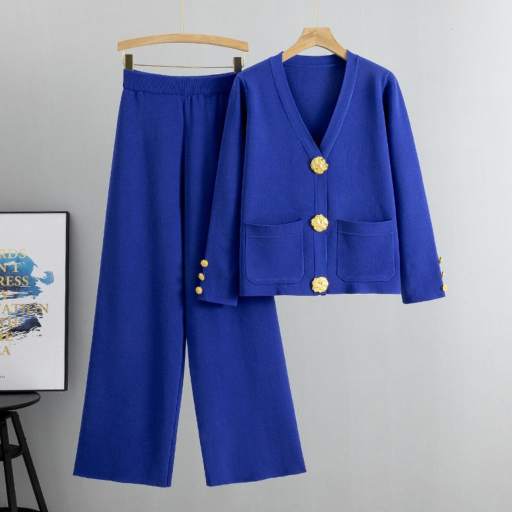 Autumn-Winter Knit V-Neck Gold Button Cardigan Two-Piece Set (MS089)