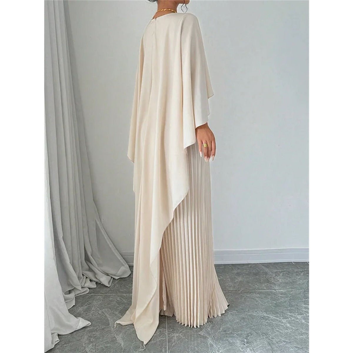 Bat Sleeve Pleated Maxi Dress | Cream White Cape Dress with Dramatic Bell Sleeves (MA241)