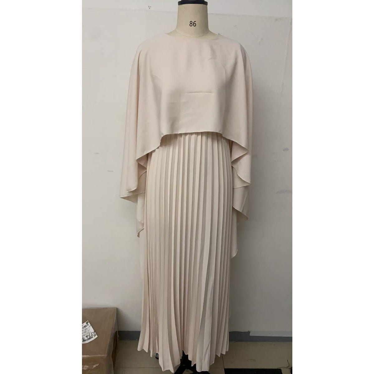 Bat Sleeve Pleated Maxi Dress | Cream White Cape Dress with Dramatic Bell Sleeves (MA241)