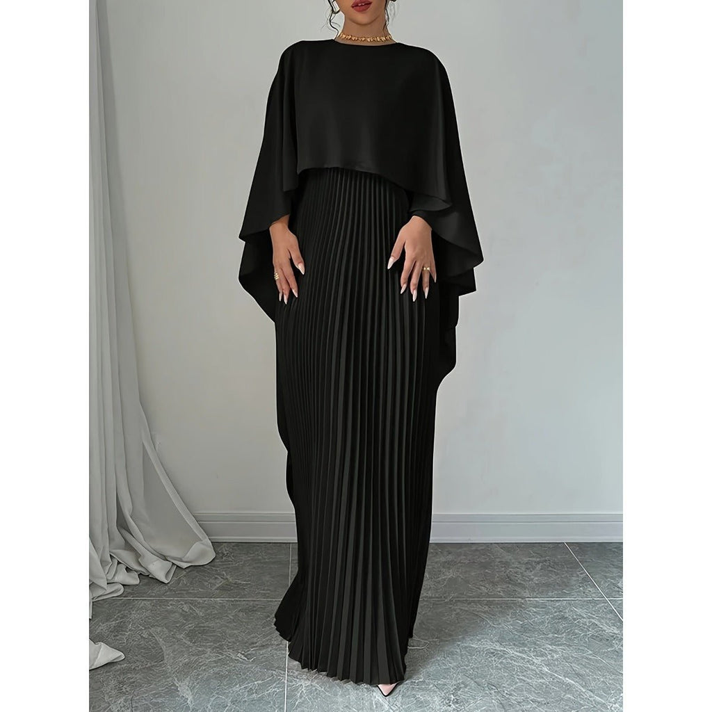 Bat Sleeve Pleated Maxi Dress | Cream White Cape Dress with Dramatic Bell Sleeves (MA241)