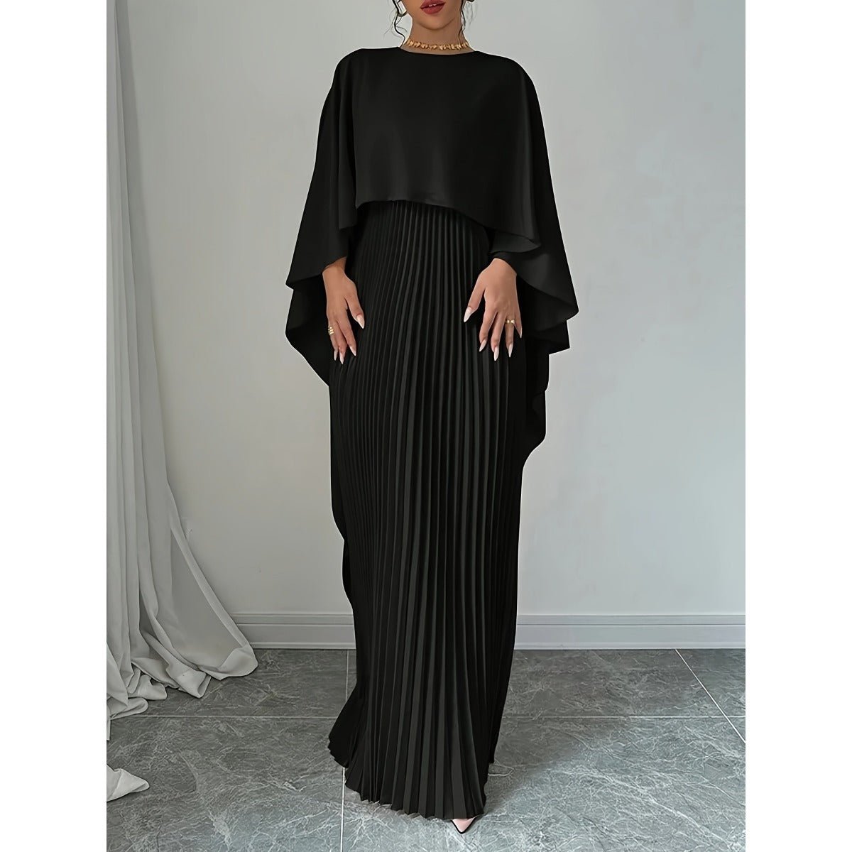 Bat Sleeve Pleated Maxi Dress | Cream White Cape Dress with Dramatic Bell Sleeves (MA241)