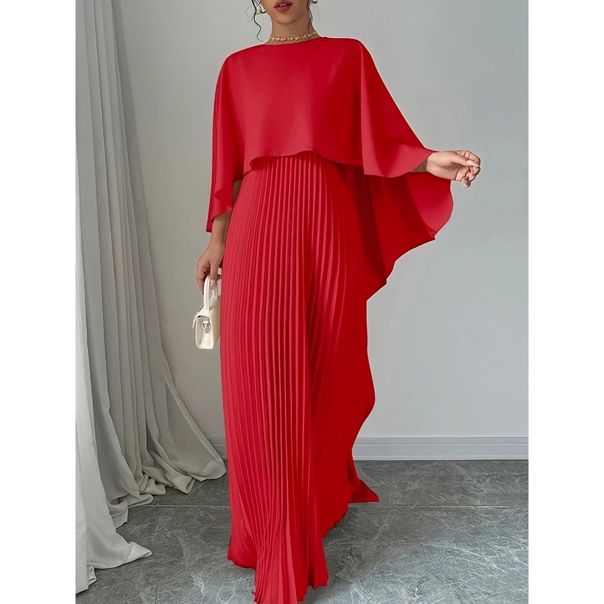 Bat Sleeve Pleated Maxi Dress | Cream White Cape Dress with Dramatic Bell Sleeves (MA241)