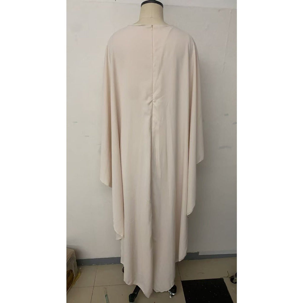 Bat Sleeve Pleated Maxi Dress | Cream White Cape Dress with Dramatic Bell Sleeves (MA241)
