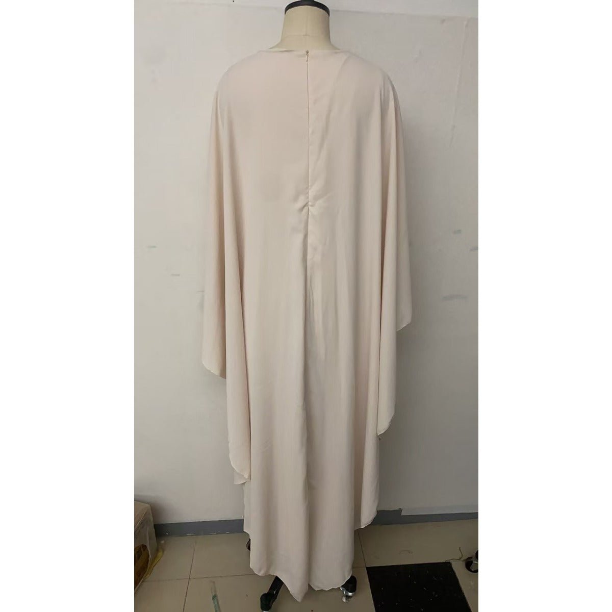 Bat Sleeve Pleated Maxi Dress | Cream White Cape Dress with Dramatic Bell Sleeves (MA241)
