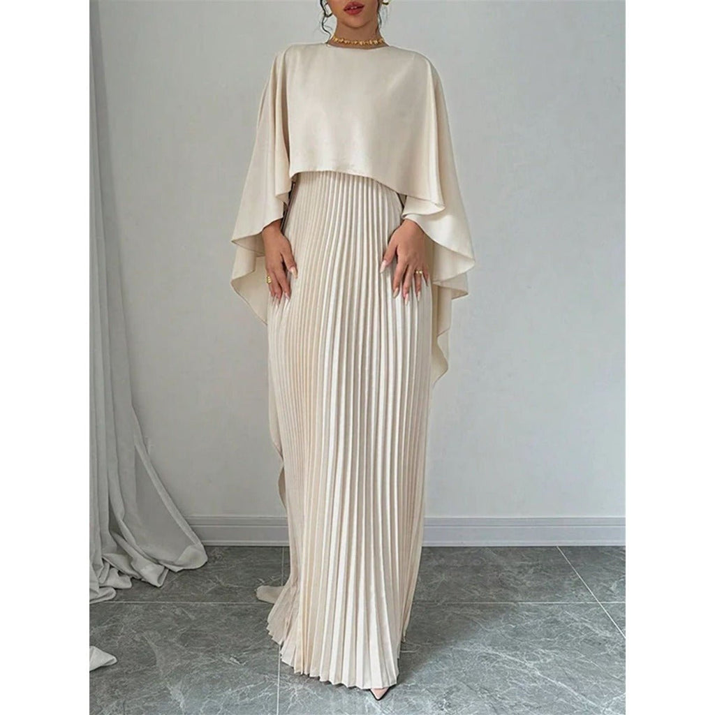 Bat Sleeve Pleated Maxi Dress | Cream White Cape Dress with Dramatic Bell Sleeves (MA241)