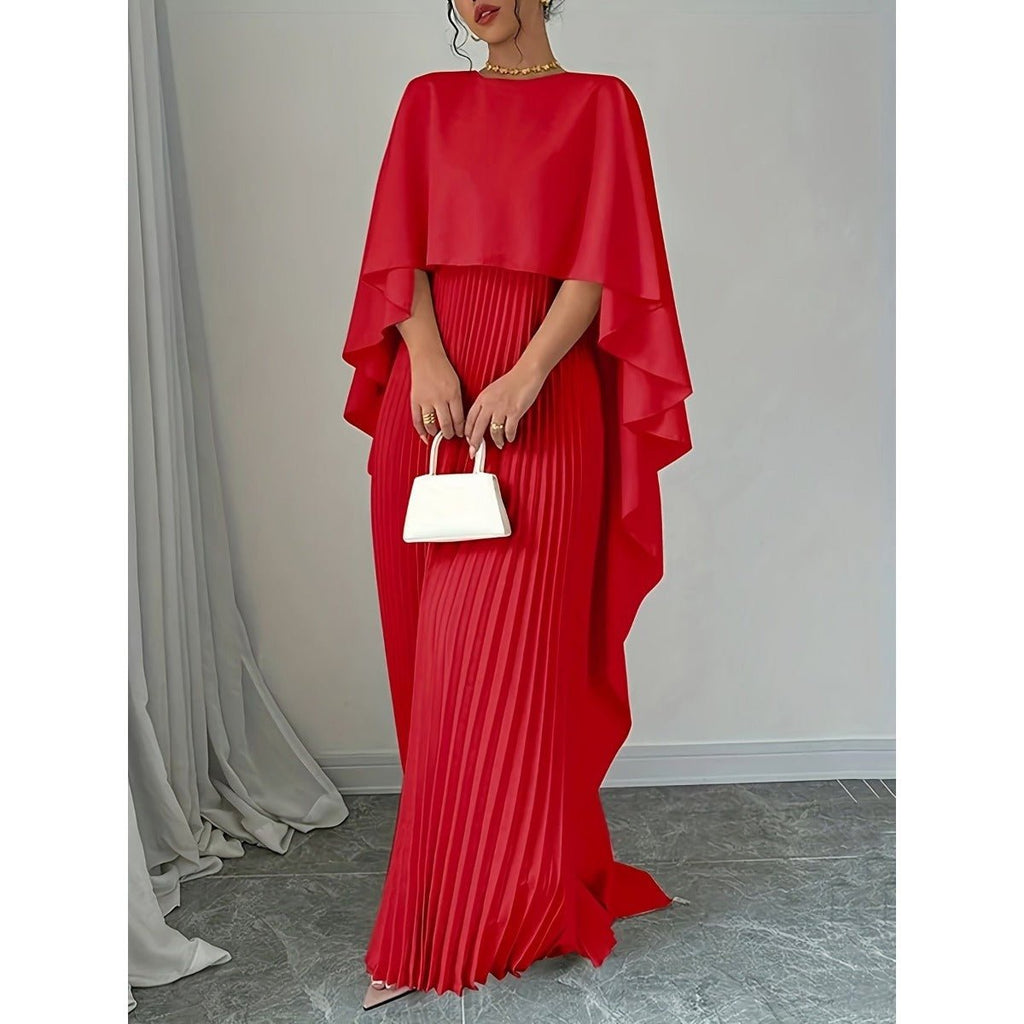Bat Sleeve Pleated Maxi Dress | Cream White Cape Dress with Dramatic Bell Sleeves (MA241)