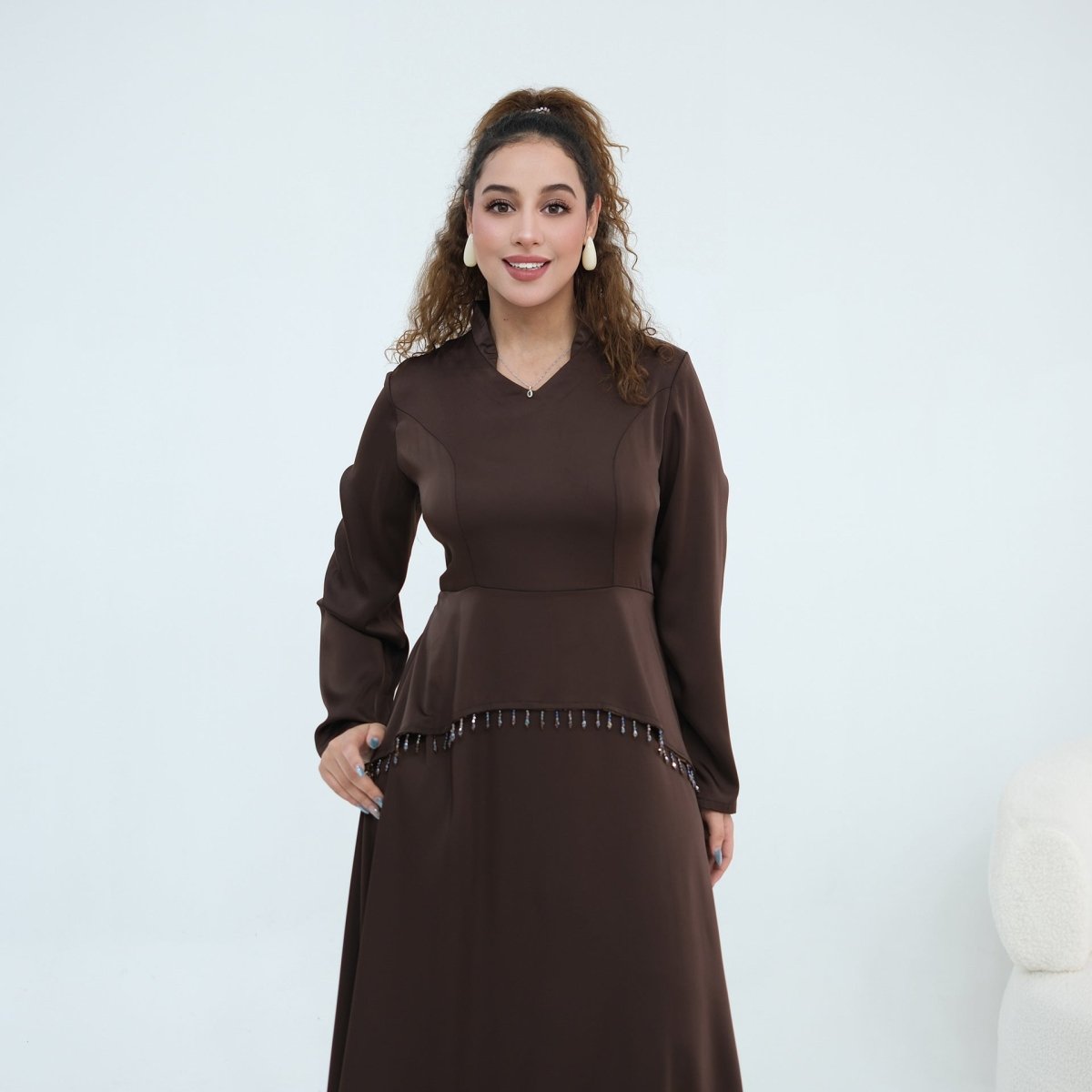 Beaded-Waist Corset-Back Flared-Sleeve Maxi Dress(MS476)
