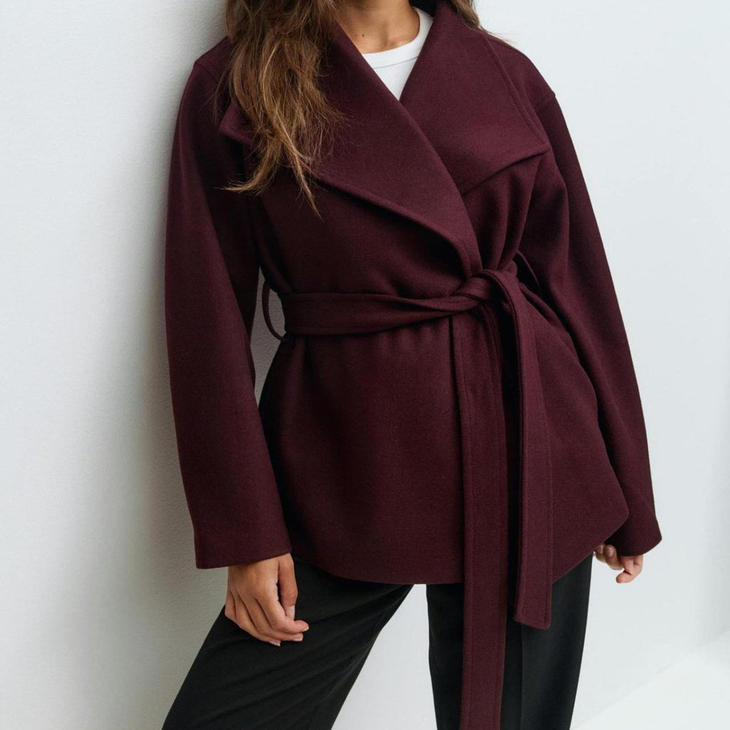 Belted Wrap Coat with Wide Collar | Double-Faced Wool Blend Jacket(MS254)