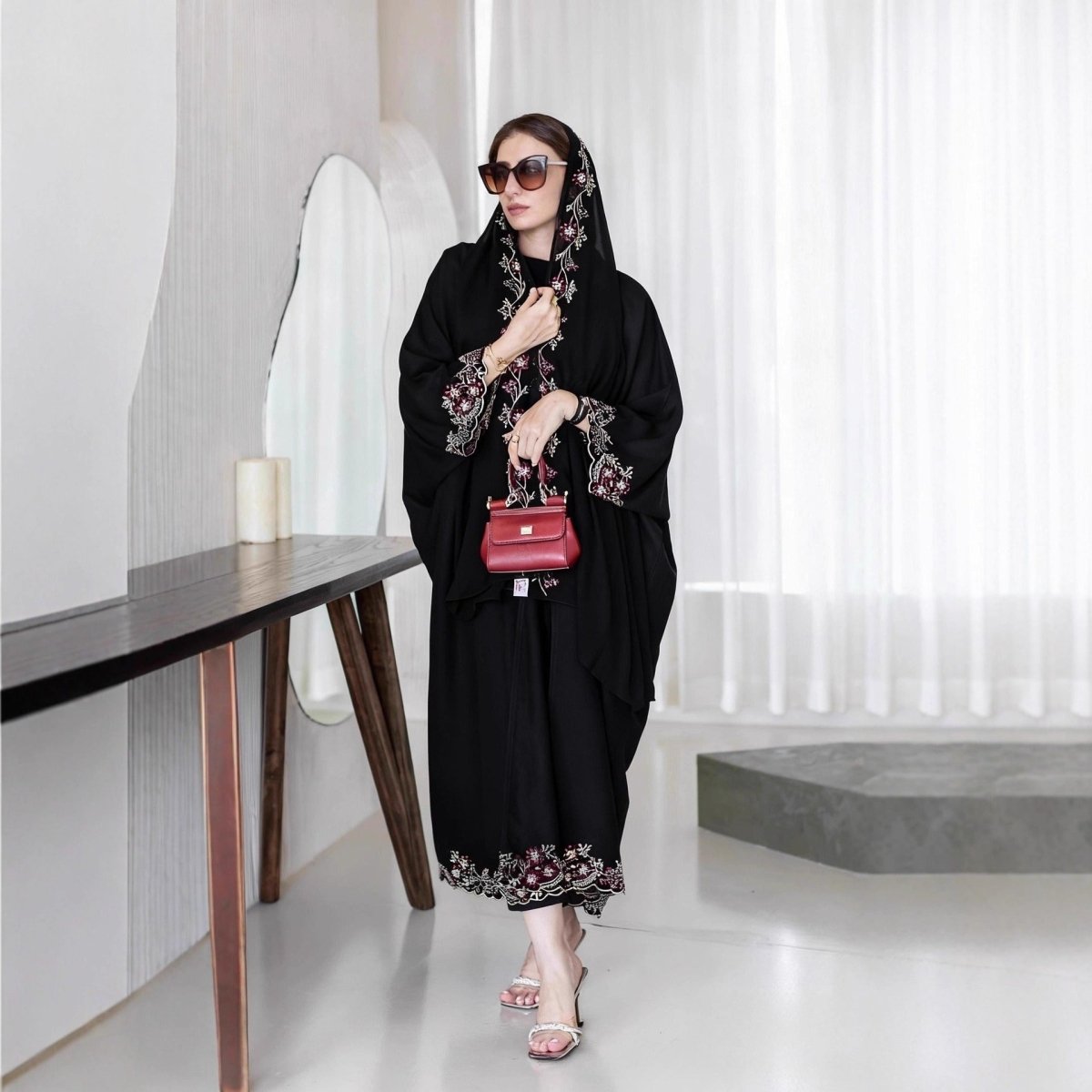 Black Abaya with Embroidered Floral Hijab Set (MOA279)