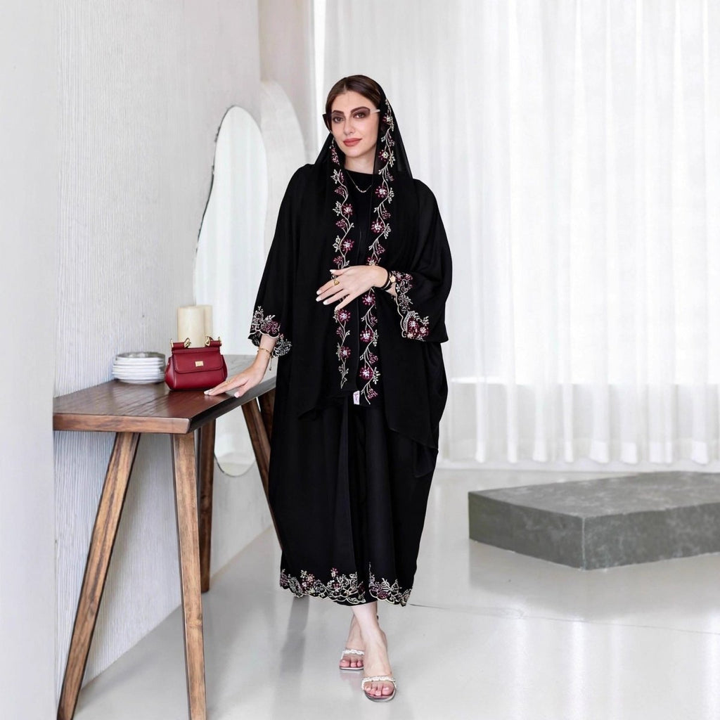 Black Abaya with Embroidered Floral Hijab Set (MOA279)